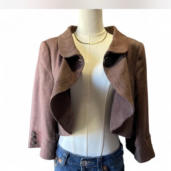 To the Max Jackets & Blazers - Y2K Short Blazer Bolero Swing Jacket in Burgundy Cream Herringbone Size Large
